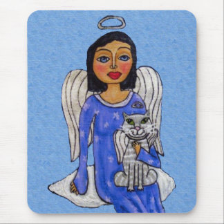Pretty Blue Eyes Angel Holding Cat on Cloud Mouse Pad