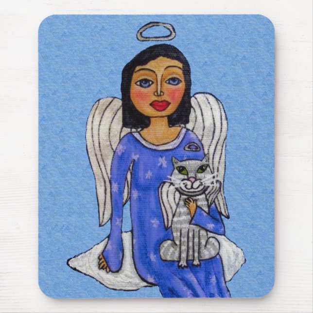 Pretty Blue Eyes Angel Holding Cat on Cloud Mouse Pad (Front)