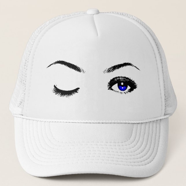 Pretty Blue Eyes Winking Trucker Hat (Front)