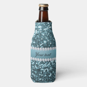 Pretty Blue Faux Glitter and Diamonds Bottle Cooler