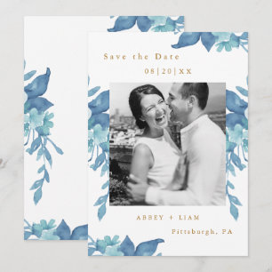 Pretty Blue Floral and Foliage Photo Wedding Save The Date