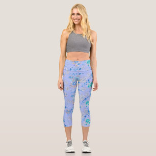 Pretty Blue Floral Garden  Capri Leggings
