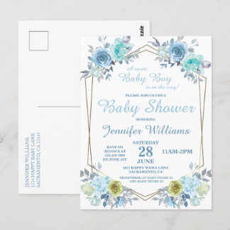 Pretty Blue Floral It's a Boy Baby Shower Invitati Postcard