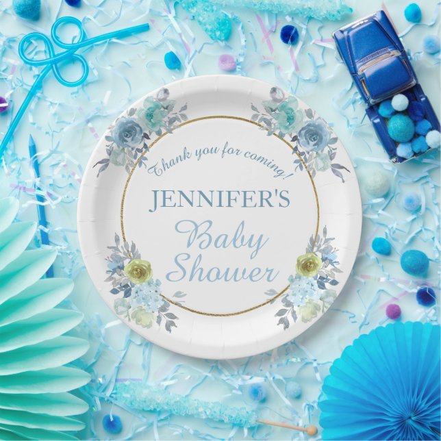 Pretty Blue Floral It's a Boy Baby Shower   Paper Plate (Party)