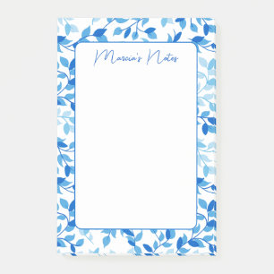 Pretty Blue Floral Leaves Modern Personalized Post-it Notes