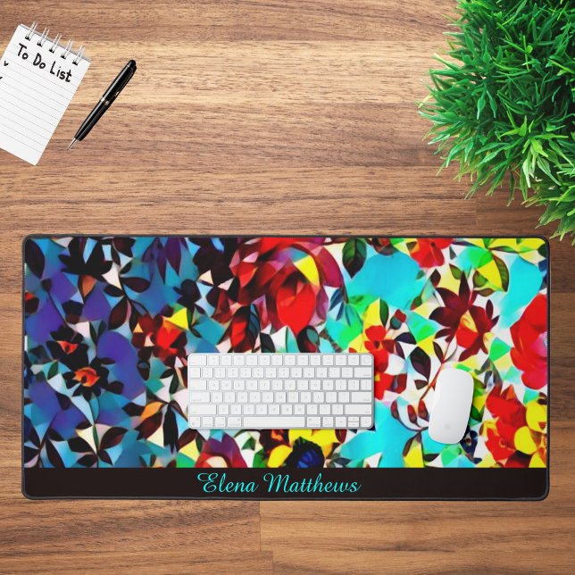 Pretty Blue Floral Mosaic Personalized Desk Mat (Creator Uploaded)