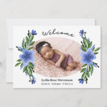Pretty Blue Floral Oval Frame Photo Birth