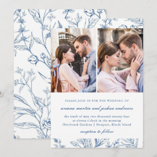 Pretty Blue Floral Pattern Two Photo Wedding Invitation