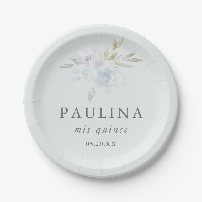 Pretty Blue Floral Quinceanera Date and Name Paper Plate (Front)