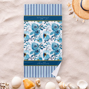Pretty Blue Floral Striped Personalized  Beach Towel