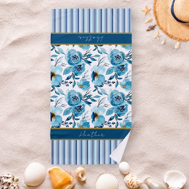 Pretty Blue Floral Striped Personalized  Beach Towel (Creator Uploaded)