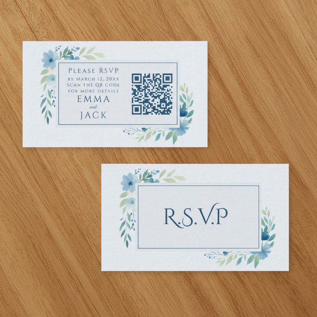 Pretty Blue Floral Wedding RSVP QR Code Enclosure Card (Pretty Blue Floral Wedding RSVP QR Code Enclosure Card.)
