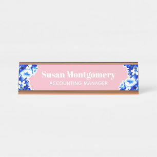 Pretty Blue Flowers & Blush Pink Personalized Desk Name Plate