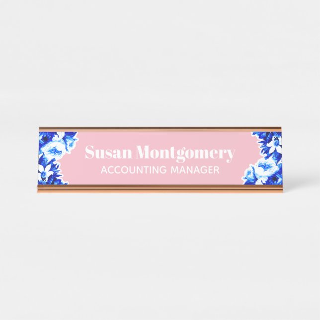 Pretty Blue Flowers & Blush Pink | Personalized Desk Name Plate (Front)