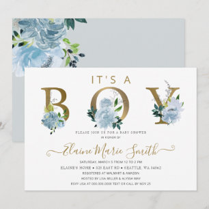 Pretty Blue Flowers Floral Boy Baby Shower  Invitation