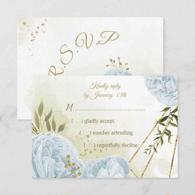 pretty blue flowers green leaves botanical RSVP card (Front/Back)
