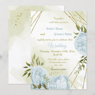 pretty blue flowers greenery geometric wedding invitation