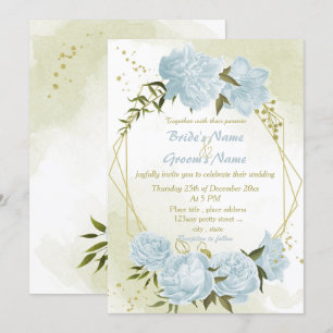 pretty blue flowers greenery geometric wedding invitation