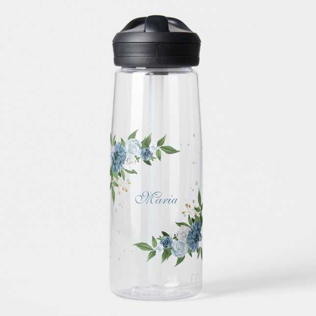 pretty blue flowers greenery  water bottle (Front)