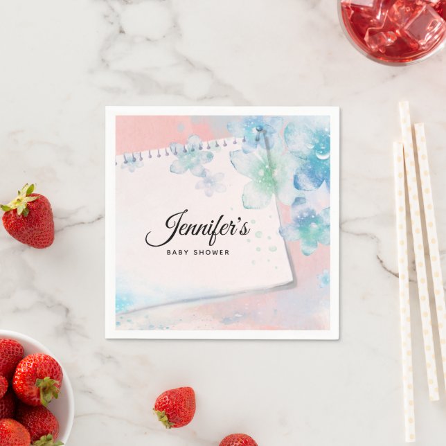Pretty Blue Flowers on Pink Background Baby Shower Napkin (Insitu)