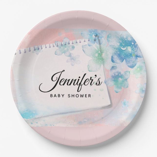 Pretty Blue Flowers on Pink Background Baby Shower Paper Plate (Front)