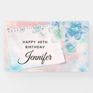 Pretty Blue Flowers on Pink Background Birthday Banner