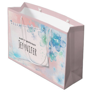 Pretty Blue Flowers on Pink Background Birthday Large Gift Bag