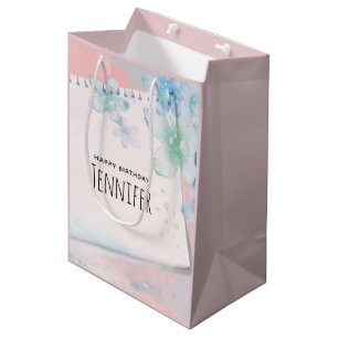 Pretty Blue Flowers on Pink Background Birthday Medium Gift Bag