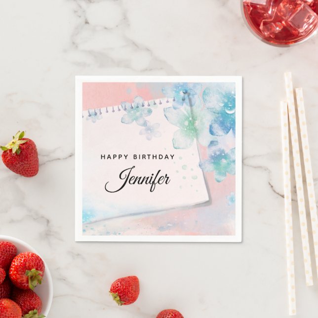 Pretty Blue Flowers on Pink Background Birthday Napkin (Insitu)