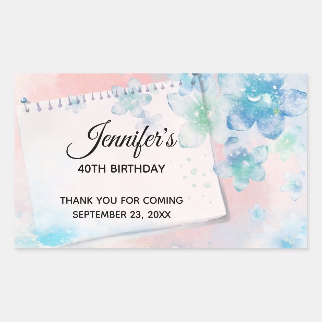 Pretty Blue Flowers on Pink Background Birthday Sticker (Front)