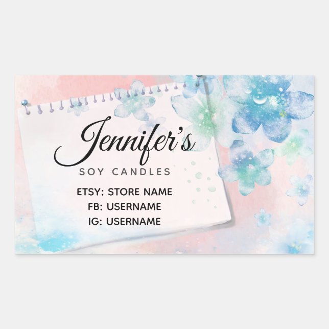 Pretty Blue Flowers on Pink Background Business Sticker (Front)