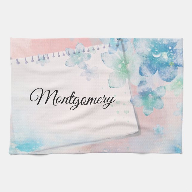 Pretty Blue Flowers on Pink Background Kitchen Towel (Horizontal)