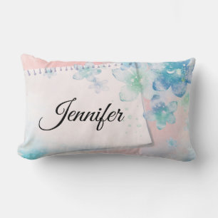 Pretty Blue Flowers on Pink Background Lumbar Pillow