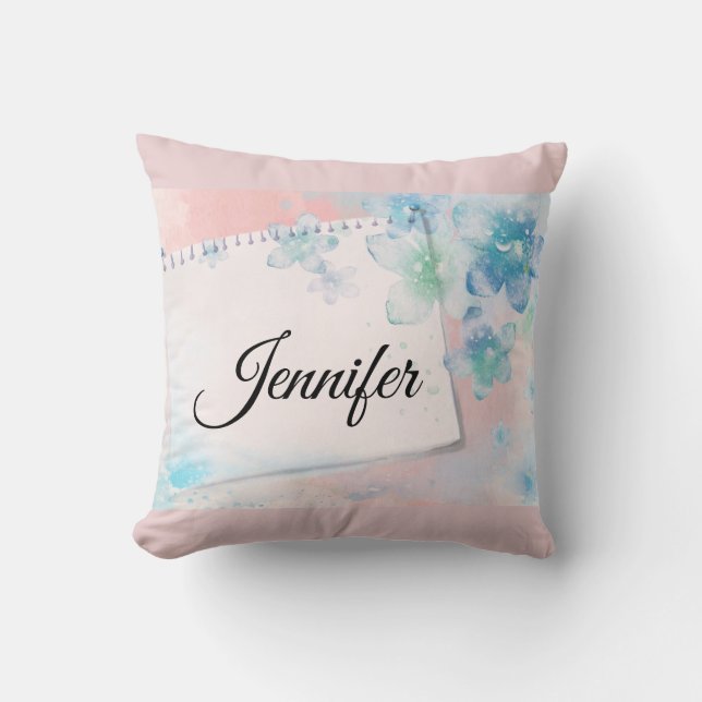Pretty Blue Flowers on Pink Background Throw Pillow (Front)