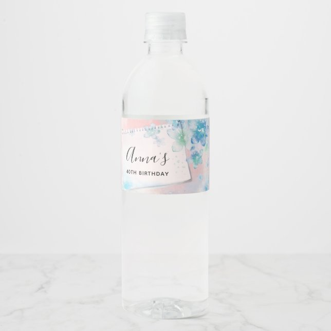 Pretty Blue Flowers on Pink Background Water Bottle Label (Front)