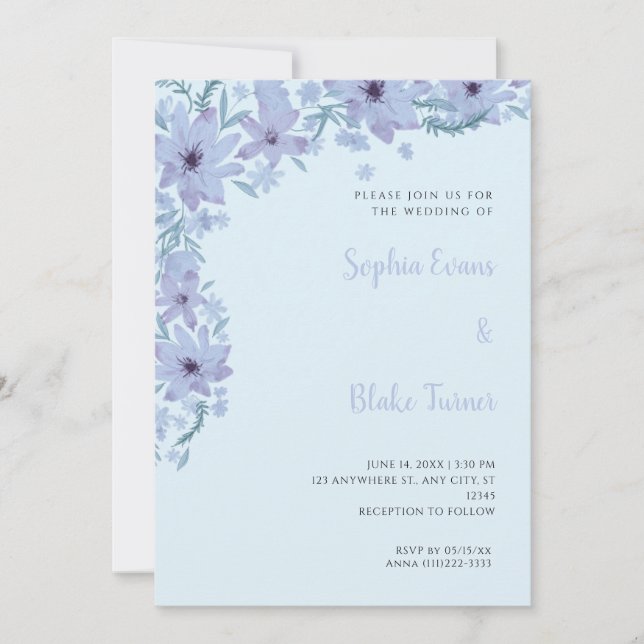 Pretty Blue Flowers Romantic Light Blue Wedding Invitation (Front)
