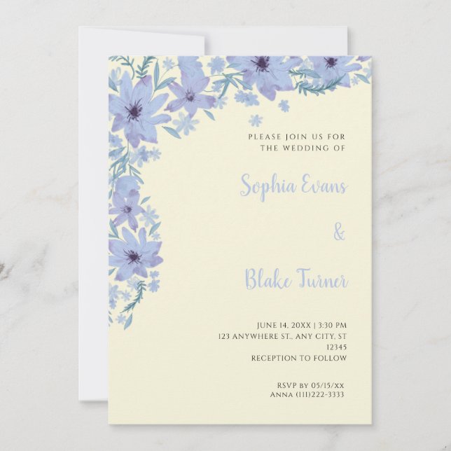 Pretty Blue Flowers Romantic Soft Yellow Wedding Invitation (Front)
