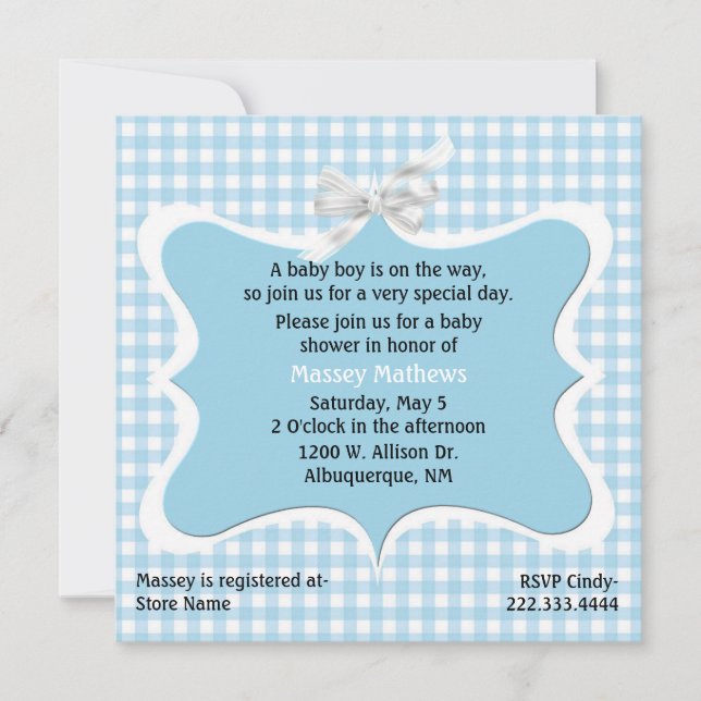 Pretty Blue Gingham Custom Baby Shower Invitation (Front)