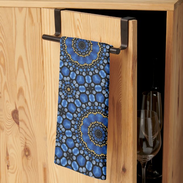 Pretty Blue & Gold Dot Art Floral Pattern Kitchen Towel (Thirds Fold)