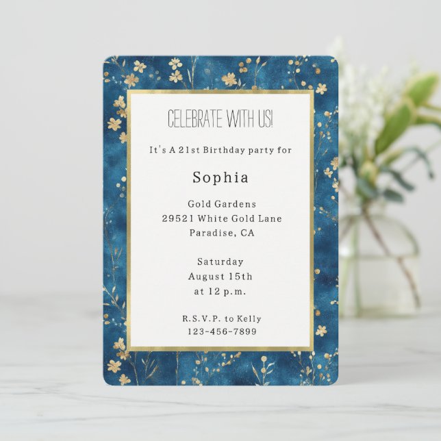 Pretty Blue Gold Flowers Birthday Invitation (Standing Front)