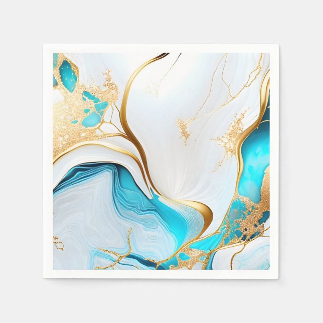 Pretty Blue Gold White Marble Design Napkin (Front)