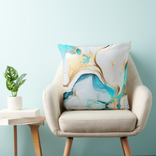 Pretty Blue Gold White Marble Design Throw Pillow
