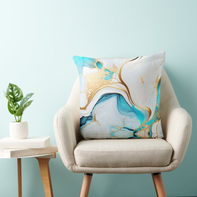 Pretty Blue Gold White Marble Design Throw Pillow (Chair)