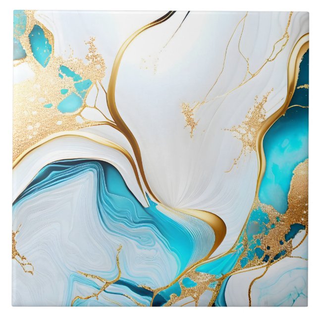 Pretty Blue Gold White Marble Design Tile (Front)