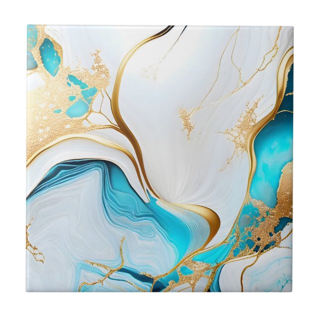 Pretty Blue Gold White Marble Design Tile (Front)