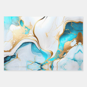 Pretty Blue Gold White Marble Design Wrapping Paper Sheet
