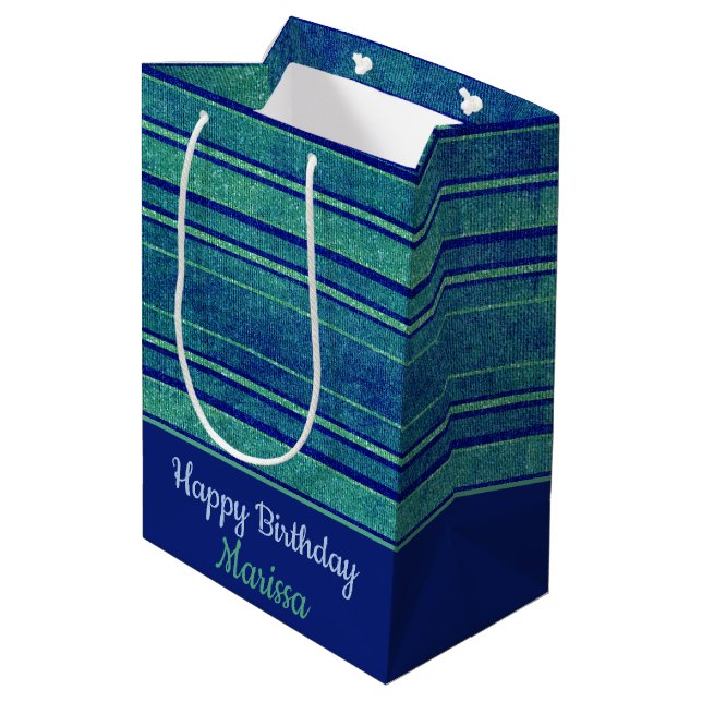 Pretty Blue Green Distressed Stripes Pattern Medium Gift Bag (Back Angled)