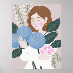 Pretty Blue Green Girly Floral Illustration Poster