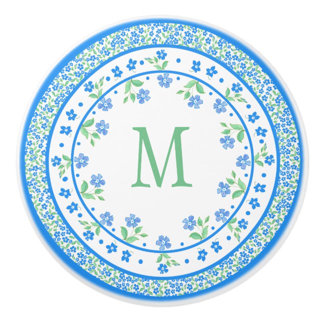 Pretty Blue Green Periwinkles Floral Round Border Ceramic Knob (Front)