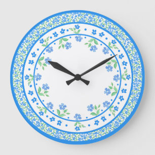 Pretty Blue Green Periwinkles Floral Round Border Large Clock